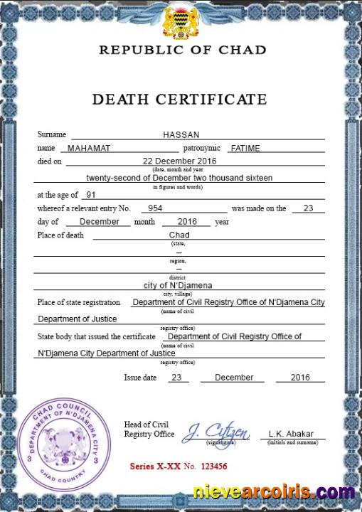 Chad vital record death certificate